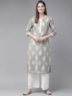 Yufta Grey and Off White Printed Kurta with Palazzo set | Grocsy