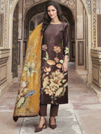 Jyoti Fashion Women's Brown Velvet Floral Digital Printed Kurta with Trouser & Dupatta | Grocsy