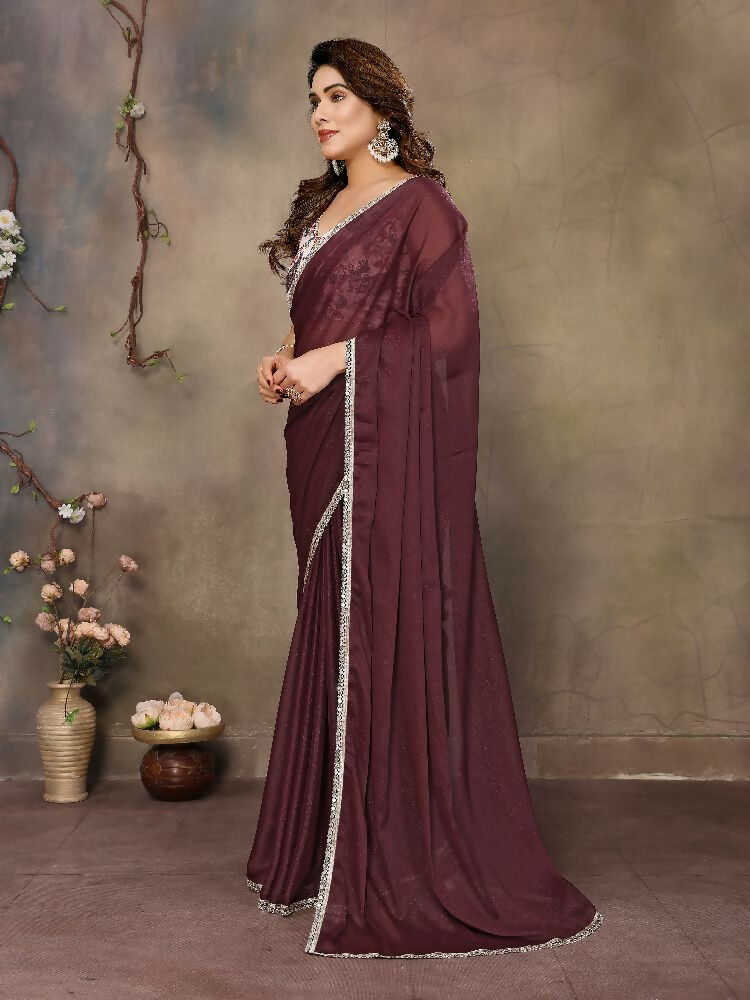 PR Fashion Brown Star Georgette Solid Georgette With Mirror Border Saree | Grocsy