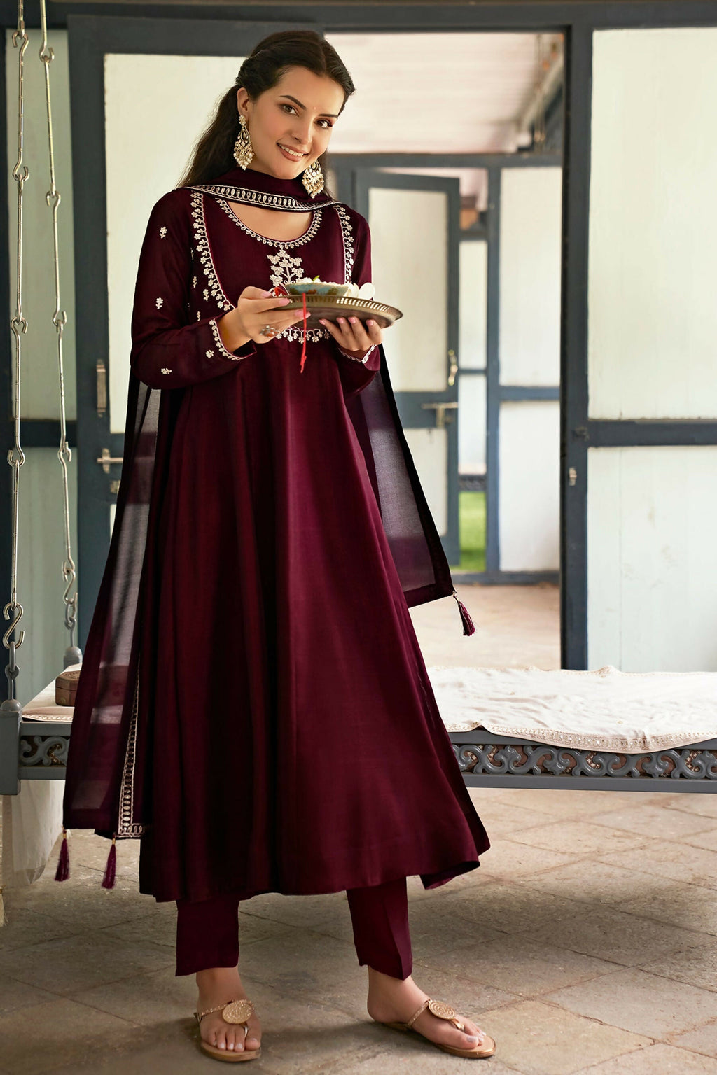 The52 Women's Beautiful Vichitra Silk Fabric Embroidery Work Flared Anarkali Pant and Dupatta Set | Grocsy