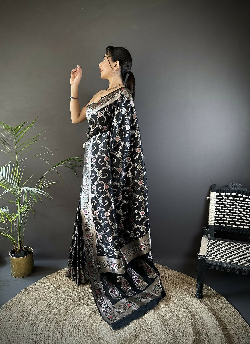 Joban Fashion Black Meenakari Banarasi Silk Sarees | Grocsy