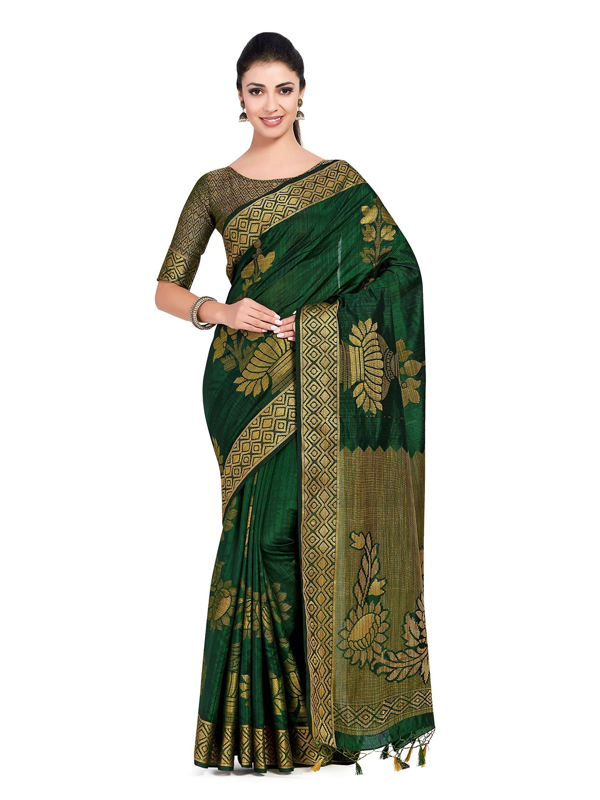 Mimosa Women's Dark Green Kanchipuram Art Silk Saree | Grocsy
