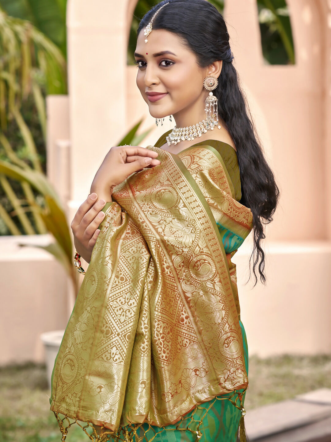 Shree Shyam Fashion Rama Green Pochampally Silk Saree | Grocsy