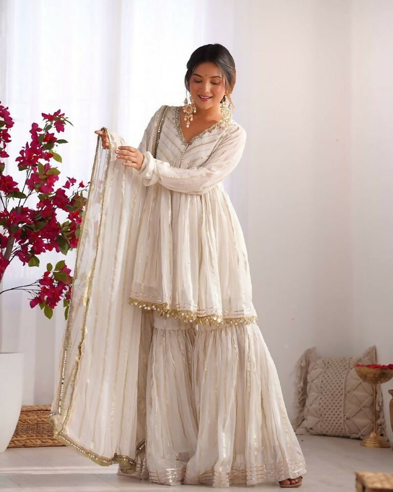 Teeya Creation White Color Mal Chanderi Silk Mirror Work And Hand Work Sharara set | Grocsy