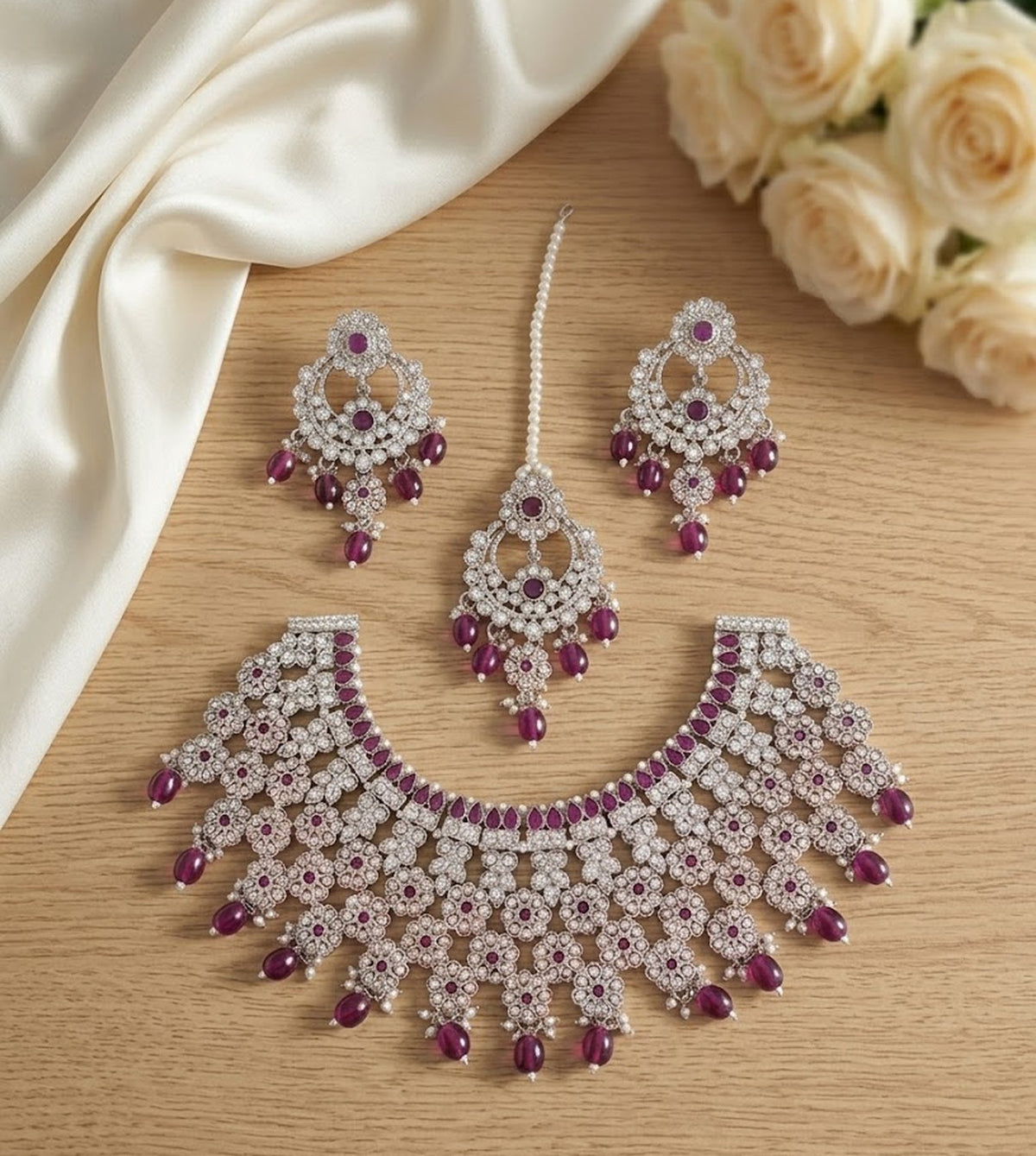 Jewel City Silver Plated Purple Beads Indian Bridal Jewelry Set Choker Necklace-Traditional Wedding Wear Festive Ethnic Jewelry Set | Grocsy
