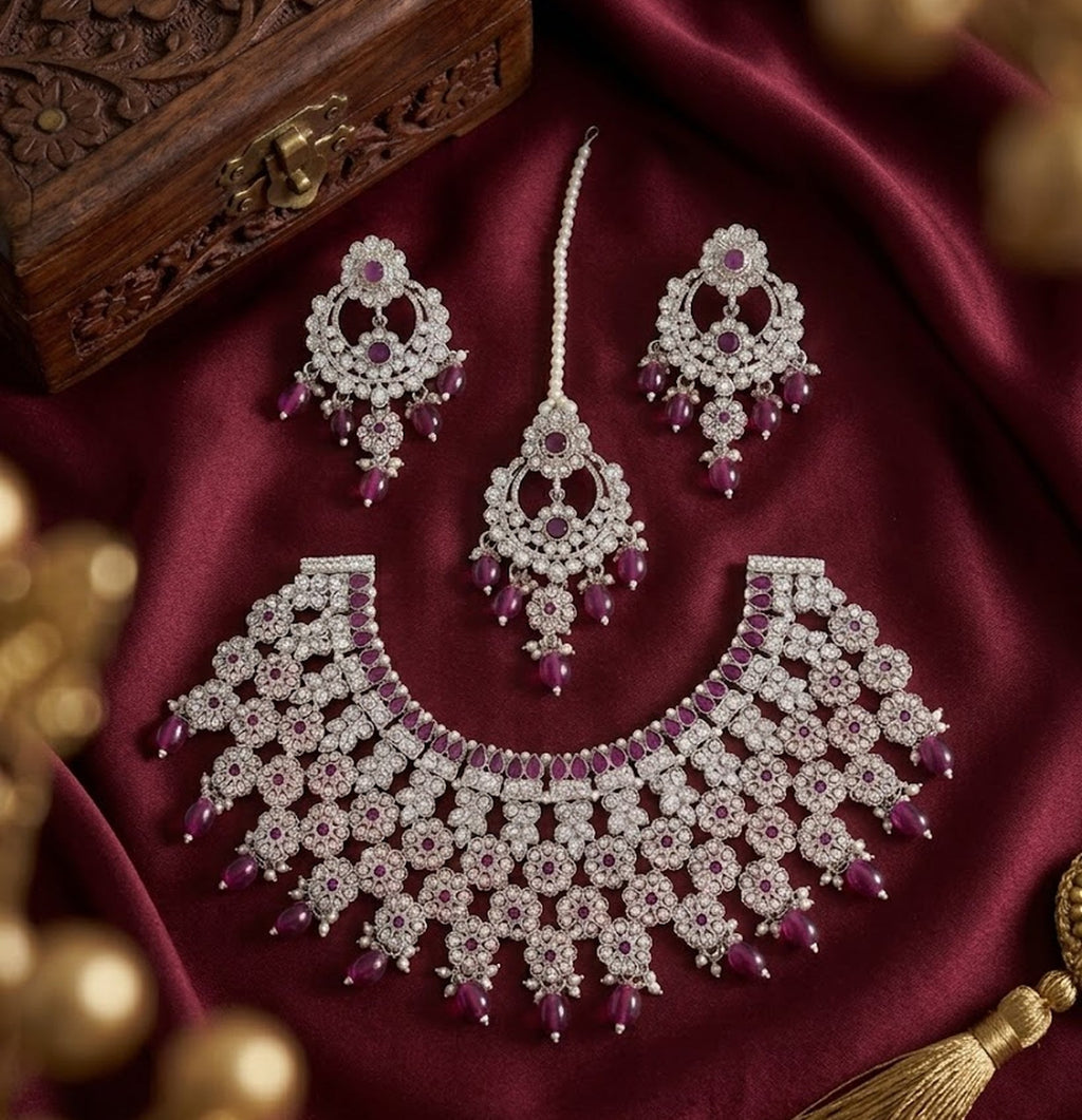 Jewel City Silver Plated Purple Beads Indian Bridal Jewelry Set Choker Necklace-Traditional Wedding Wear Festive Ethnic Jewelry Set | Grocsy