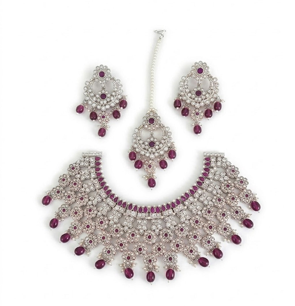 Jewel City Silver Plated Purple Beads Indian Bridal Jewelry Set Choker Necklace-Traditional Wedding Wear Festive Ethnic Jewelry Set | Grocsy