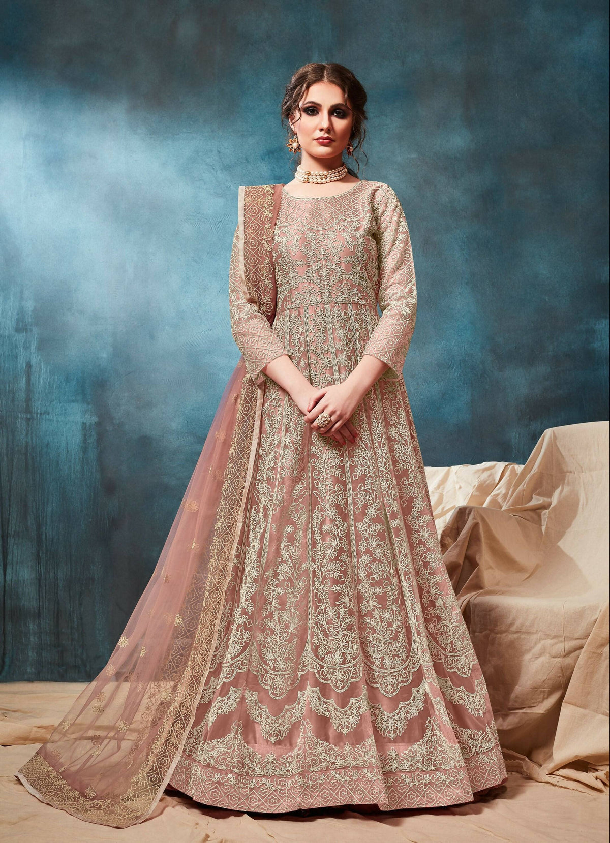 Anaita Peach Embroidered Net Anarkali Suit | Grocsy