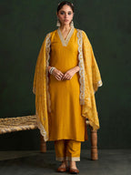 Indo Era Mustard Yellow Floral Embroidered V-Neck Straight Kurta with Trousers & Dupatta | Grocsy