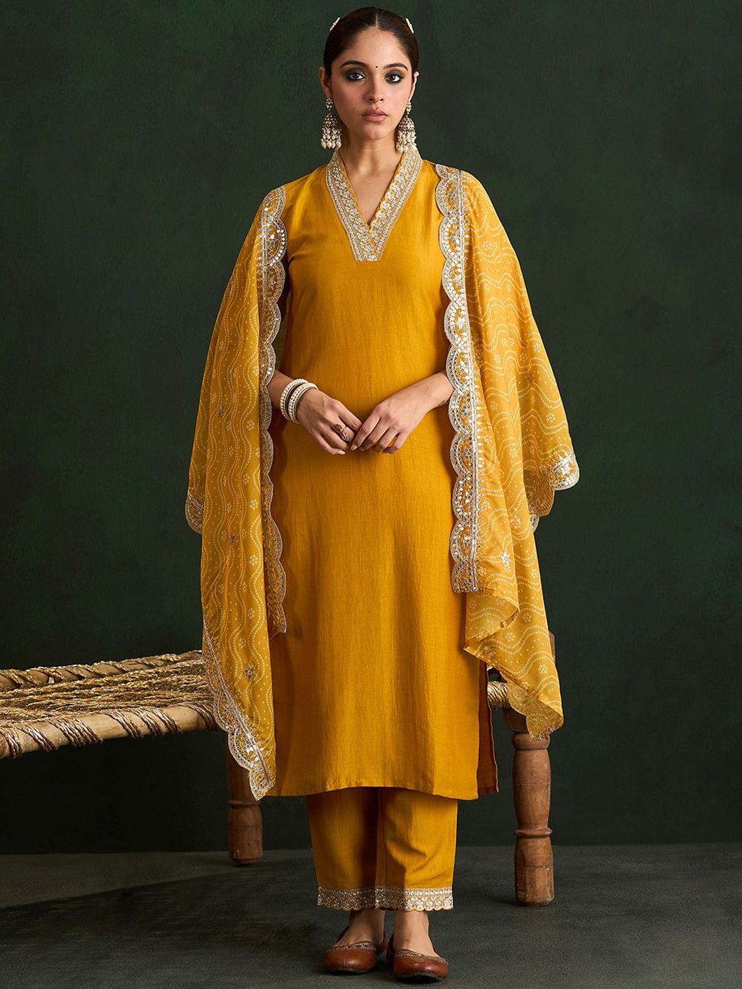 Indo Era Mustard Yellow Floral Embroidered V-Neck Straight Kurta with Trousers & Dupatta | Grocsy