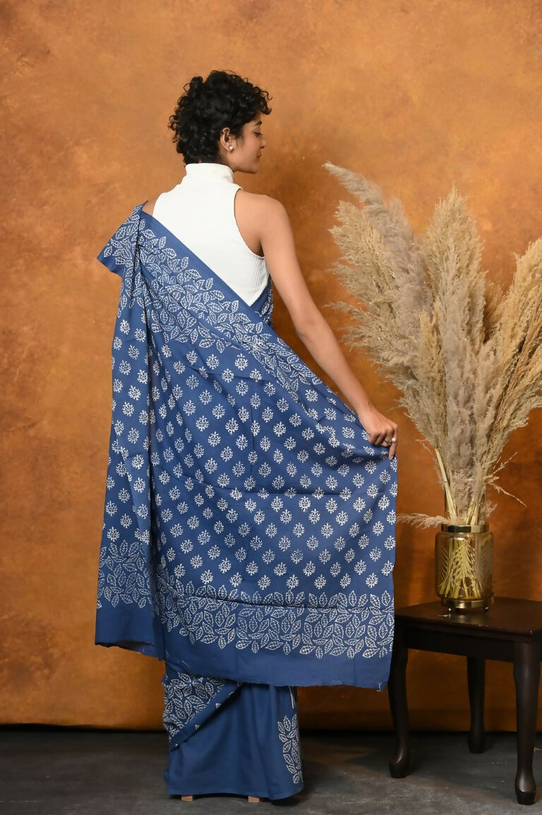 Very Much Indian Handblock Printed Cotton Saree With Natural Dyes - Cyan Blue | Grocsy