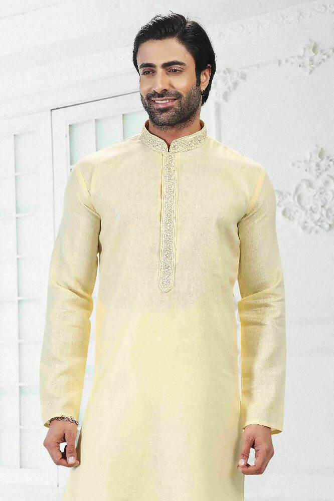 Raivat Ethnic Linen Cotton Thread Work Kurta Pajama In Yellow Colour | Grocsy