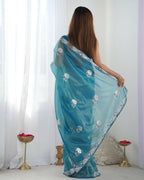 Teal Blue Gold Twill Net Multy Thread, Sequance Embroidery Work Saree - Kriti | Grocsy