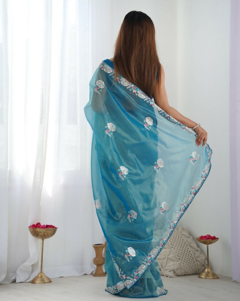 Teal Blue Gold Twill Net Multy Thread, Sequance Embroidery Work Saree - Kriti | Grocsy