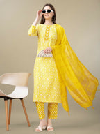 Jyoti Fashion Women's Yellow Rayon Embroidery & Sequence work Kurta with Trouser & Dupatta | Grocsy