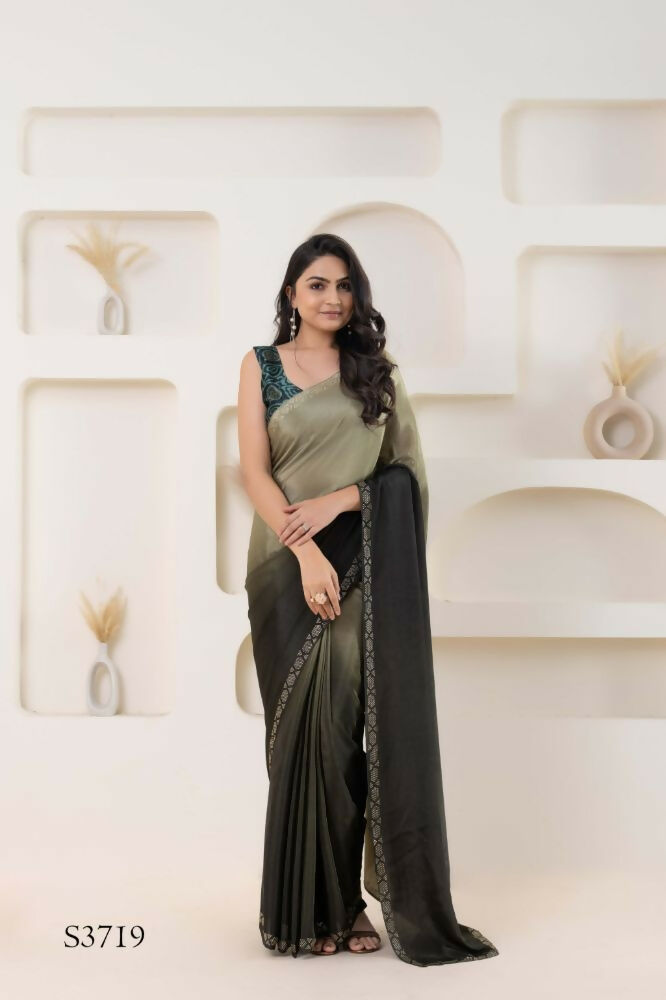Grey Satin Pedding Designer, Printed Party Wear Ready To Wear Saree - Femina | Grocsy