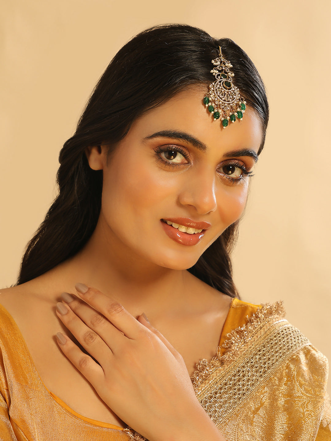 Nuyug 18K Gold Plated Ethereal Green Stone Maang Tikka | Grocsy