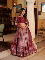 Vastranavya Occasionaly Tussar Silk Dot And Ikkat Print With Foil Work Lehenga Choli - Maroon | Grocsy