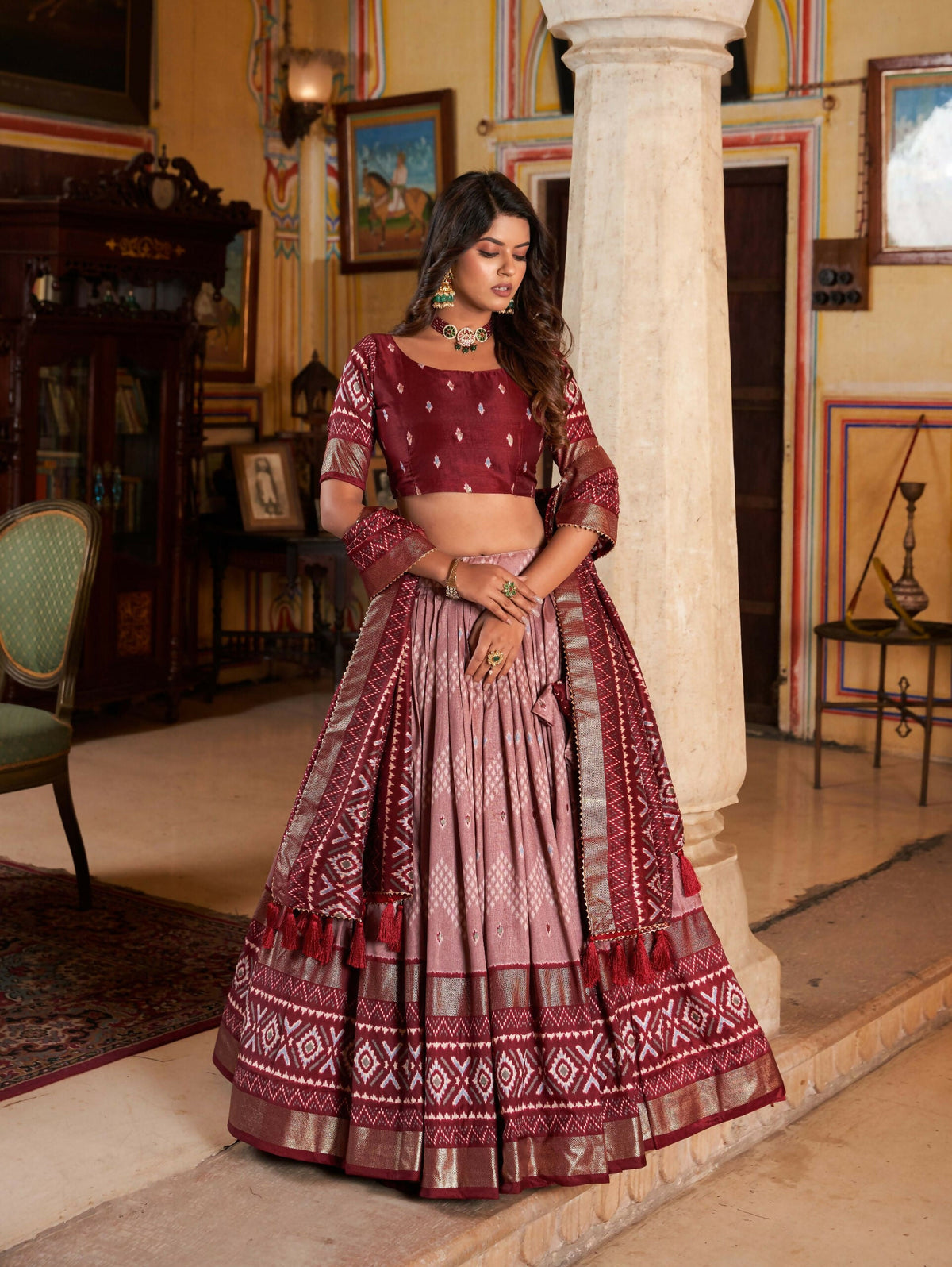 Vastranavya Occasionaly Tussar Silk Dot And Ikkat Print With Foil Work Lehenga Choli - Maroon | Grocsy