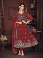 Jyoti Fashion Women's Maroon Georgette Embroidered Anarkali Kurta Pant Set With Dupatta | Grocsy