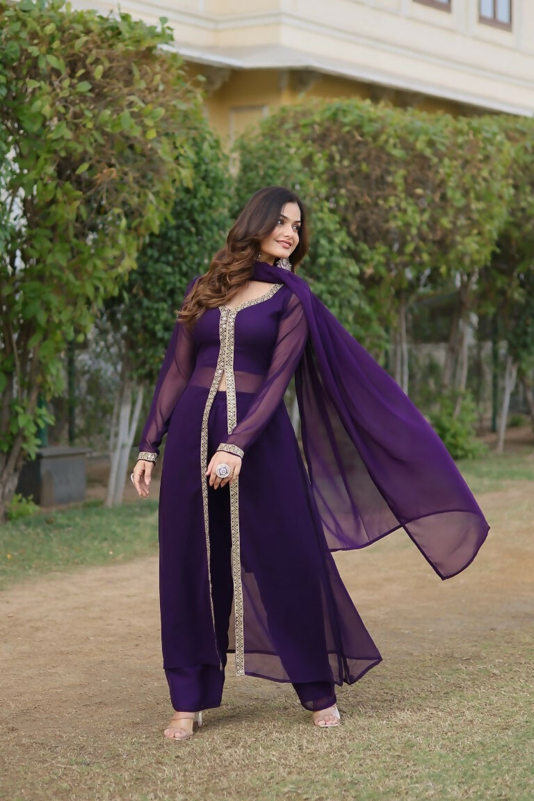 Jyoti Fashion Women's Purple Faux Blooming Embroidered Kurta with Trouser & Dupatta | Grocsy