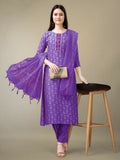 Jyoti Fashion Women's Purple Rayon Embroidery & Sequence work Kurta with Trouser & Dupatta | Grocsy
