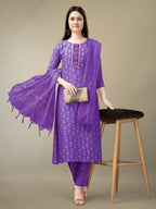 Jyoti Fashion Women's Purple Rayon Embroidery & Sequence work Kurta with Trouser & Dupatta | Grocsy