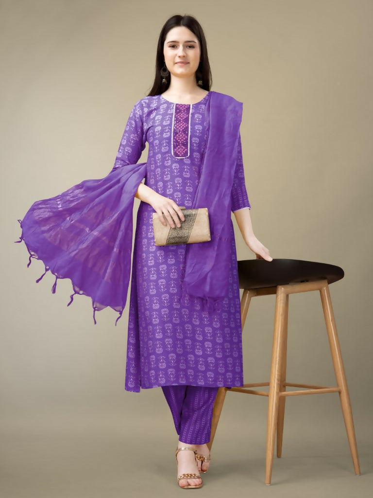 Jyoti Fashion Women's Purple Rayon Embroidery & Sequence work Kurta with Trouser & Dupatta | Grocsy
