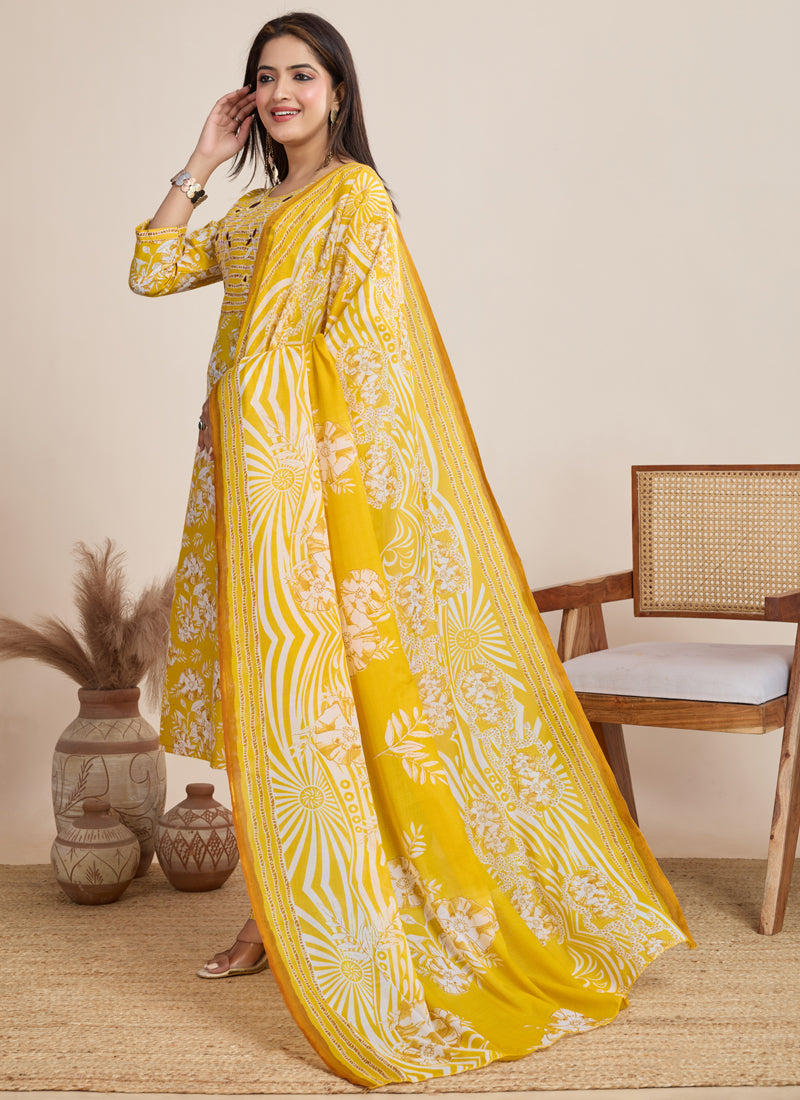 Prazu Fashion Yellow Printed Cotton Blend Festival Wear Salwar Suit | Grocsy
