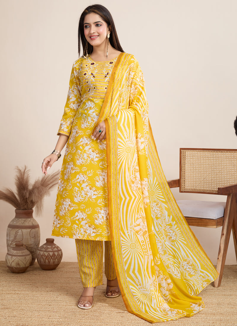 Prazu Fashion Yellow Printed Cotton Blend Festival Wear Salwar Suit | Grocsy