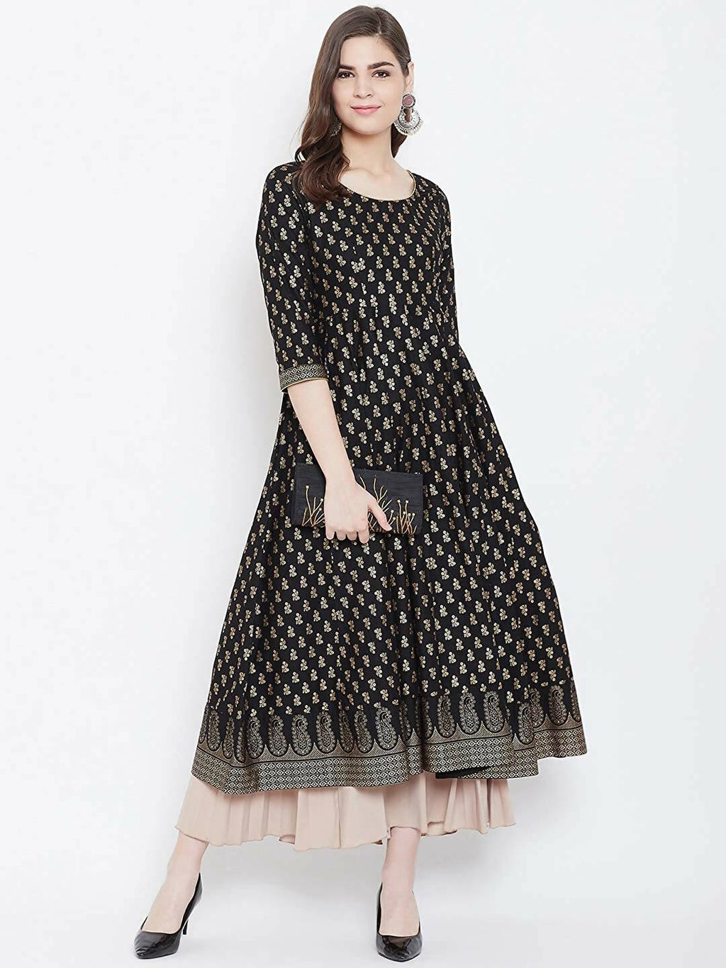 Cheera Embellished Daily Wear Cotton Blend Kurta - Black | Grocsy