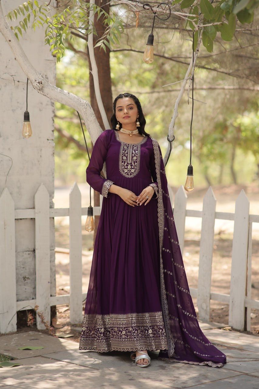 Evanik Purple Faux Blooming Gown with Dupatta With Attractive Embroidered Sequins work | Grocsy