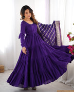 Evanik Purple Pure Roman Silk Chanderi With Fully Flair Anarkali Pant With Dupatta | Grocsy