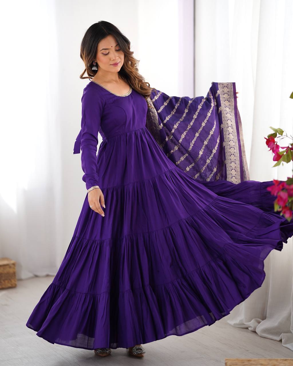 Evanik Purple Pure Roman Silk Chanderi With Fully Flair Anarkali Pant With Dupatta | Grocsy