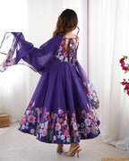 Evanik Purple Soft Organza Silk With Floral Print Fully Flared Anarkali Pant With Dupatta Set | Grocsy