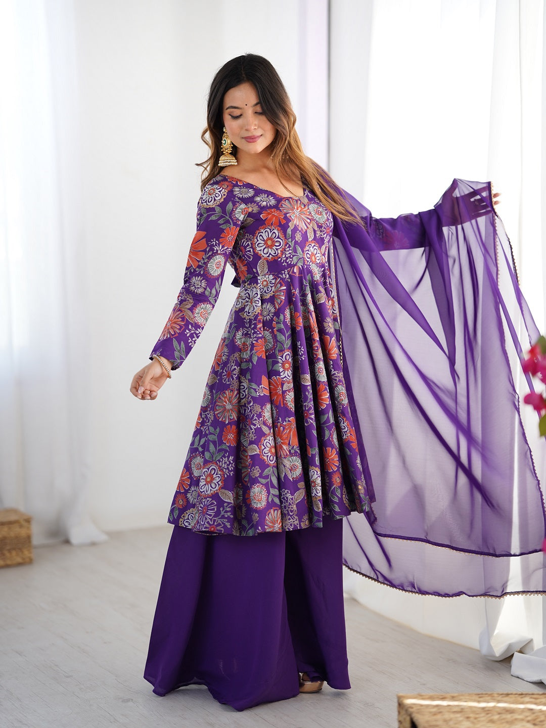 Evanik Purple Pure Romance Silk With Print Kediya With Palazzo Suit | Grocsy
