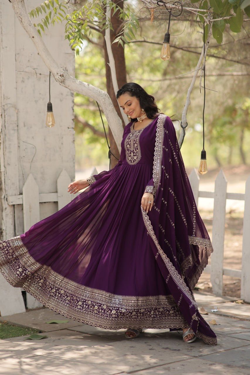 Evanik Purple Faux Blooming Gown with Dupatta With Attractive Embroidered Sequins work | Grocsy