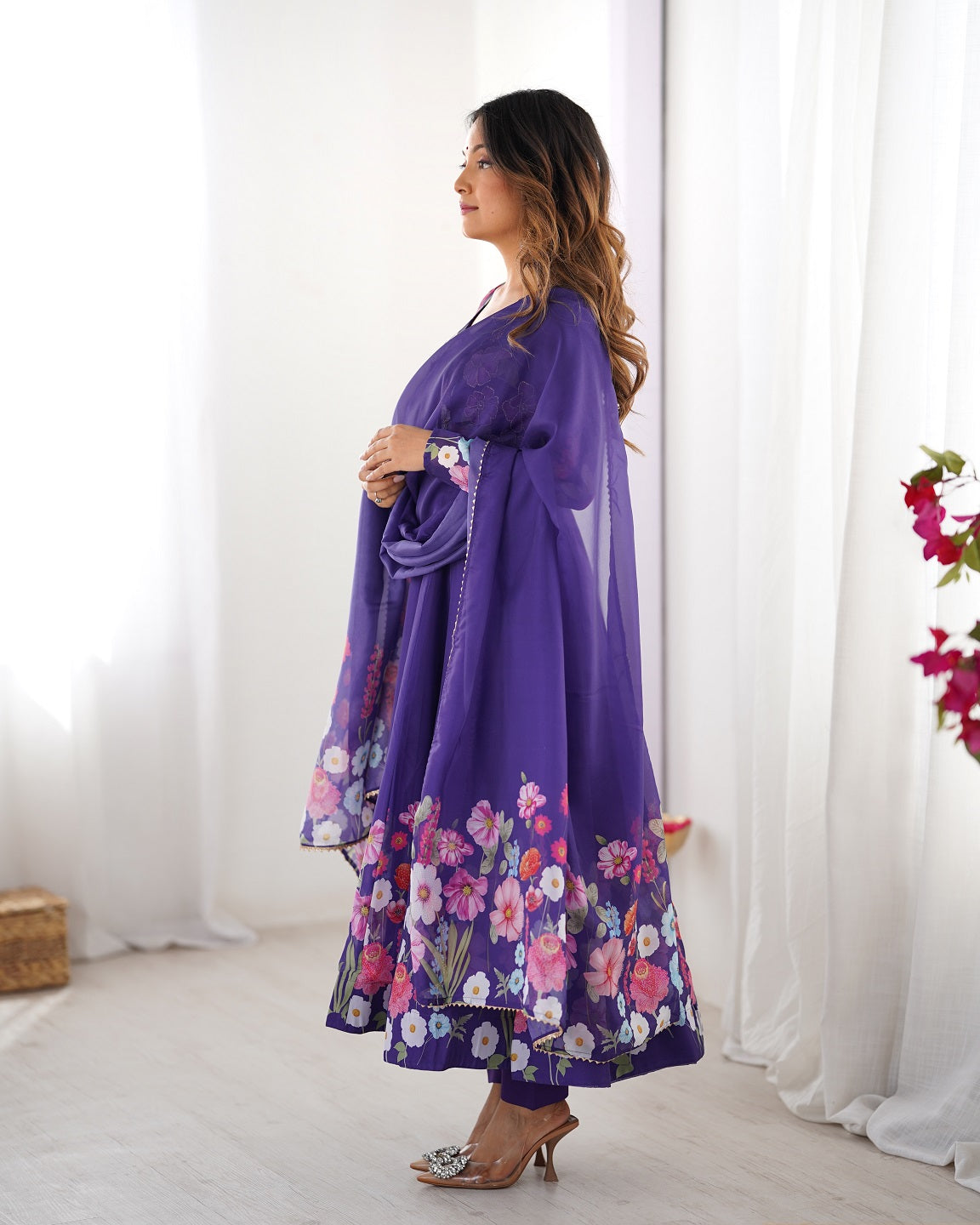 Evanik Purple Soft Organza Silk With Floral Print Fully Flared Anarkali Pant With Dupatta Set | Grocsy