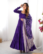 Evanik Purple Pure Roman Silk Chanderi With Fully Flair Anarkali Pant With Dupatta | Grocsy