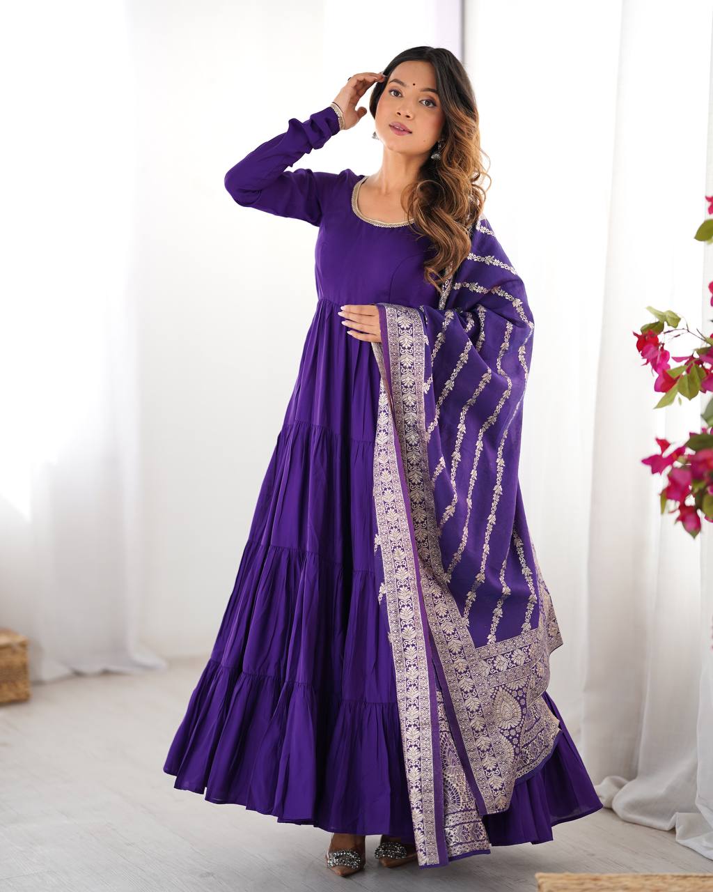 Evanik Purple Pure Roman Silk Chanderi With Fully Flair Anarkali Pant With Dupatta | Grocsy
