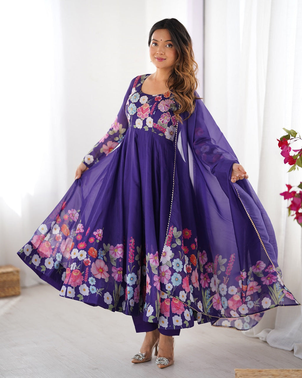 Evanik Purple Soft Organza Silk With Floral Print Fully Flared Anarkali Pant With Dupatta Set | Grocsy