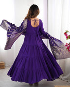 Evanik Purple Pure Roman Silk Chanderi With Fully Flair Anarkali Pant With Dupatta | Grocsy