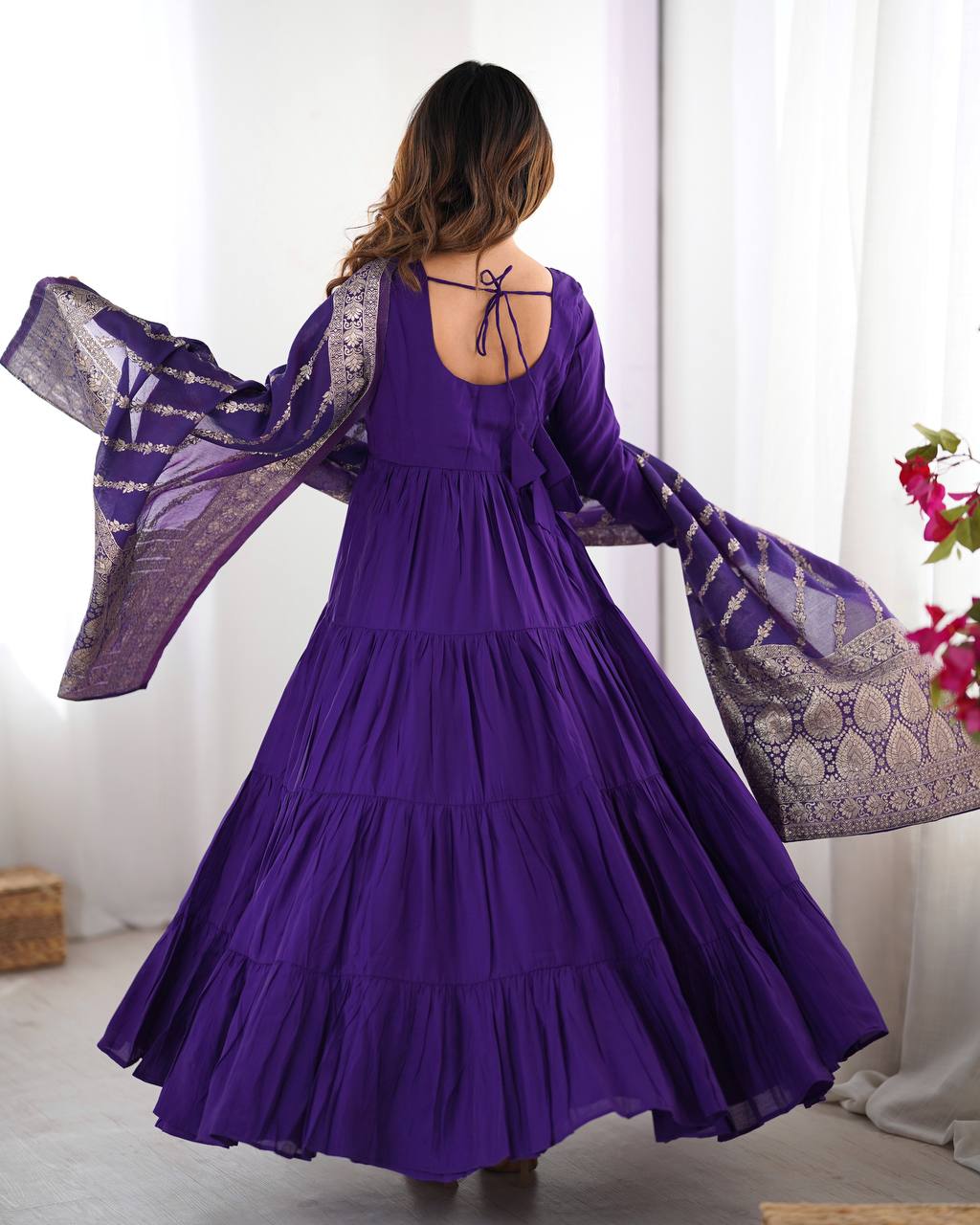 Evanik Purple Pure Roman Silk Chanderi With Fully Flair Anarkali Pant With Dupatta | Grocsy
