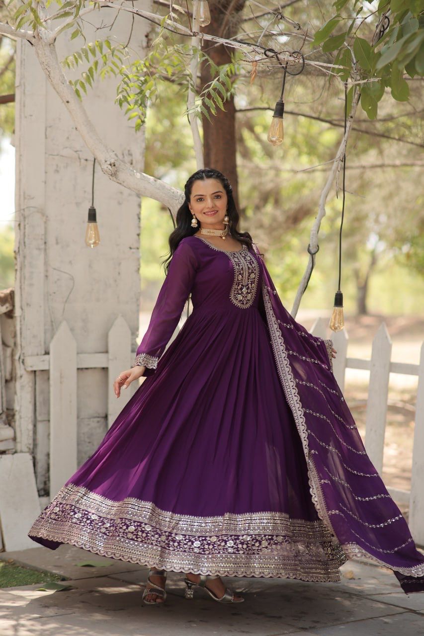 Evanik Purple Faux Blooming Gown with Dupatta With Attractive Embroidered Sequins work | Grocsy