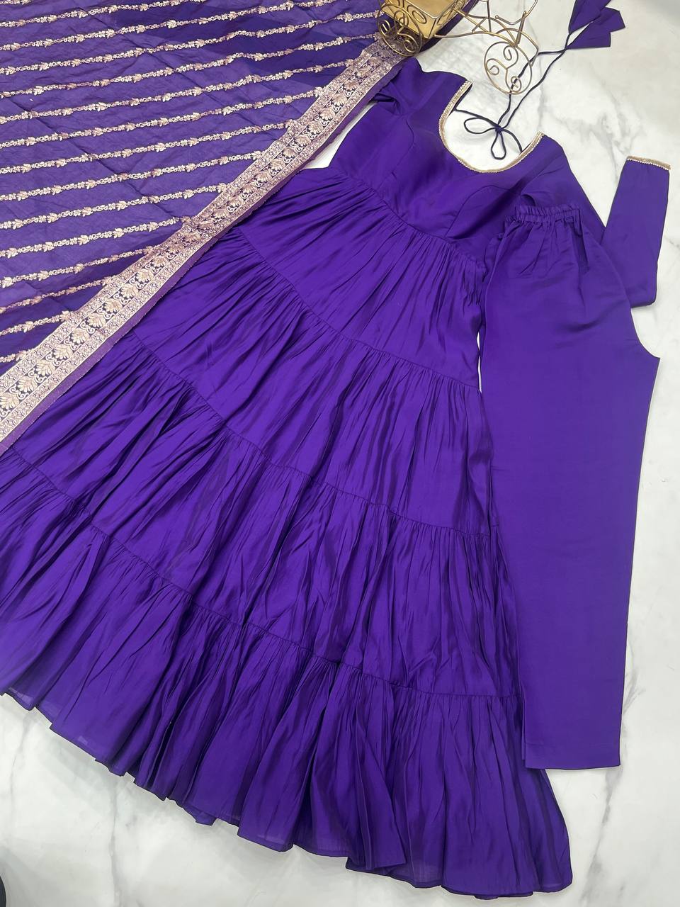 Evanik Purple Pure Roman Silk Chanderi With Fully Flair Anarkali Pant With Dupatta | Grocsy