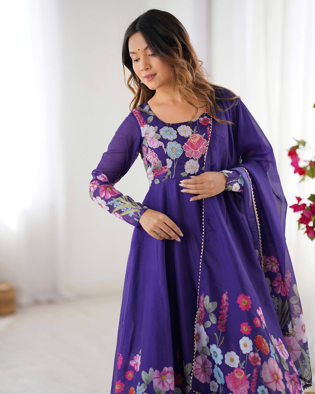 Evanik Purple Soft Organza Silk With Floral Print Fully Flared Anarkali Pant With Dupatta Set | Grocsy