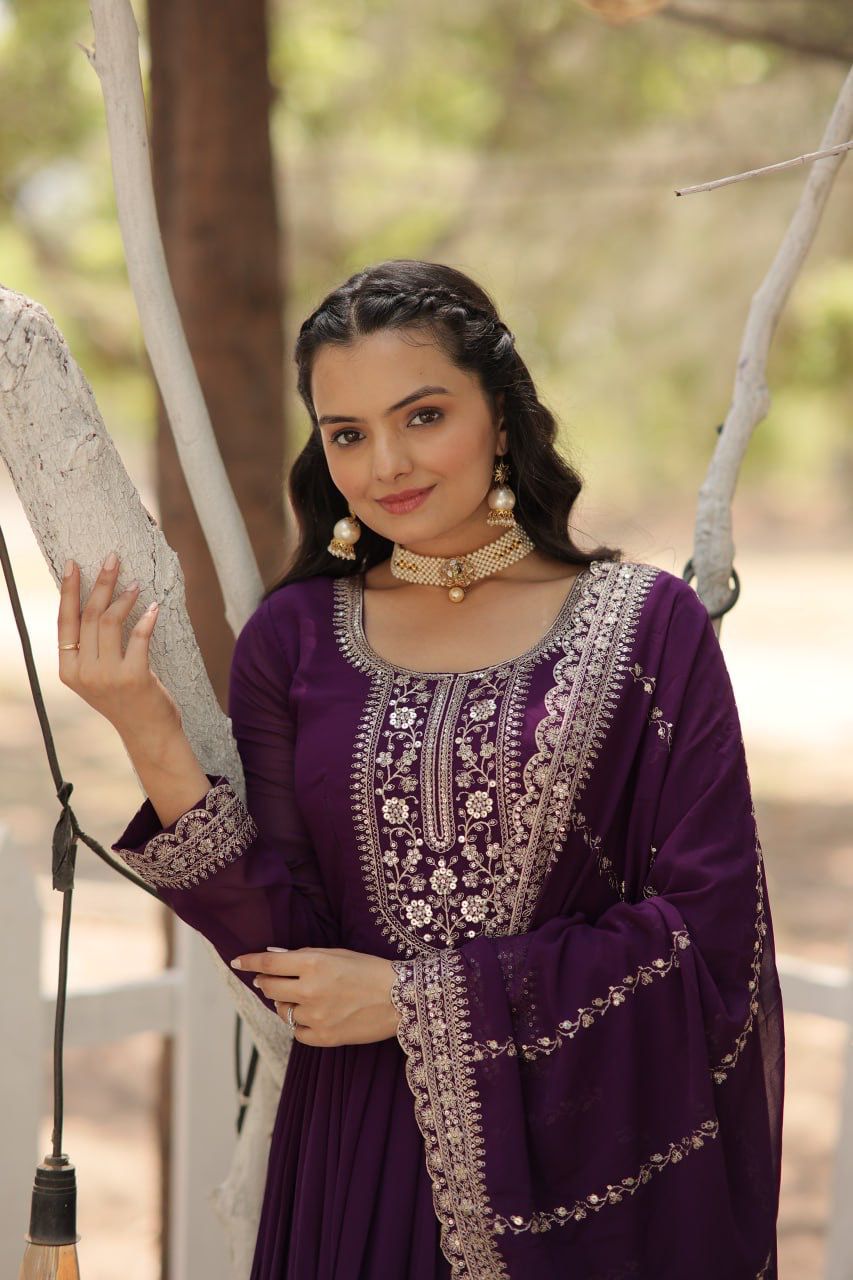 Evanik Purple Faux Blooming Gown with Dupatta With Attractive Embroidered Sequins work | Grocsy