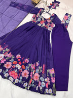 Evanik Purple Soft Organza Silk With Floral Print Fully Flared Anarkali Pant With Dupatta Set | Grocsy
