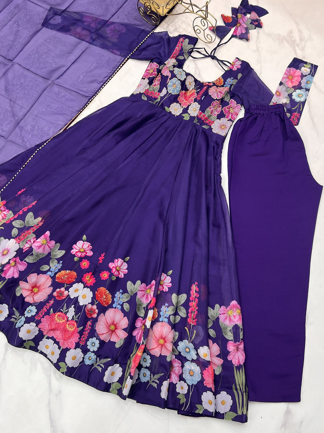 Evanik Purple Soft Organza Silk With Floral Print Fully Flared Anarkali Pant With Dupatta Set | Grocsy