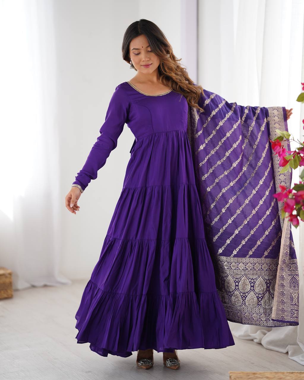 Evanik Purple Pure Roman Silk Chanderi With Fully Flair Anarkali Pant With Dupatta | Grocsy